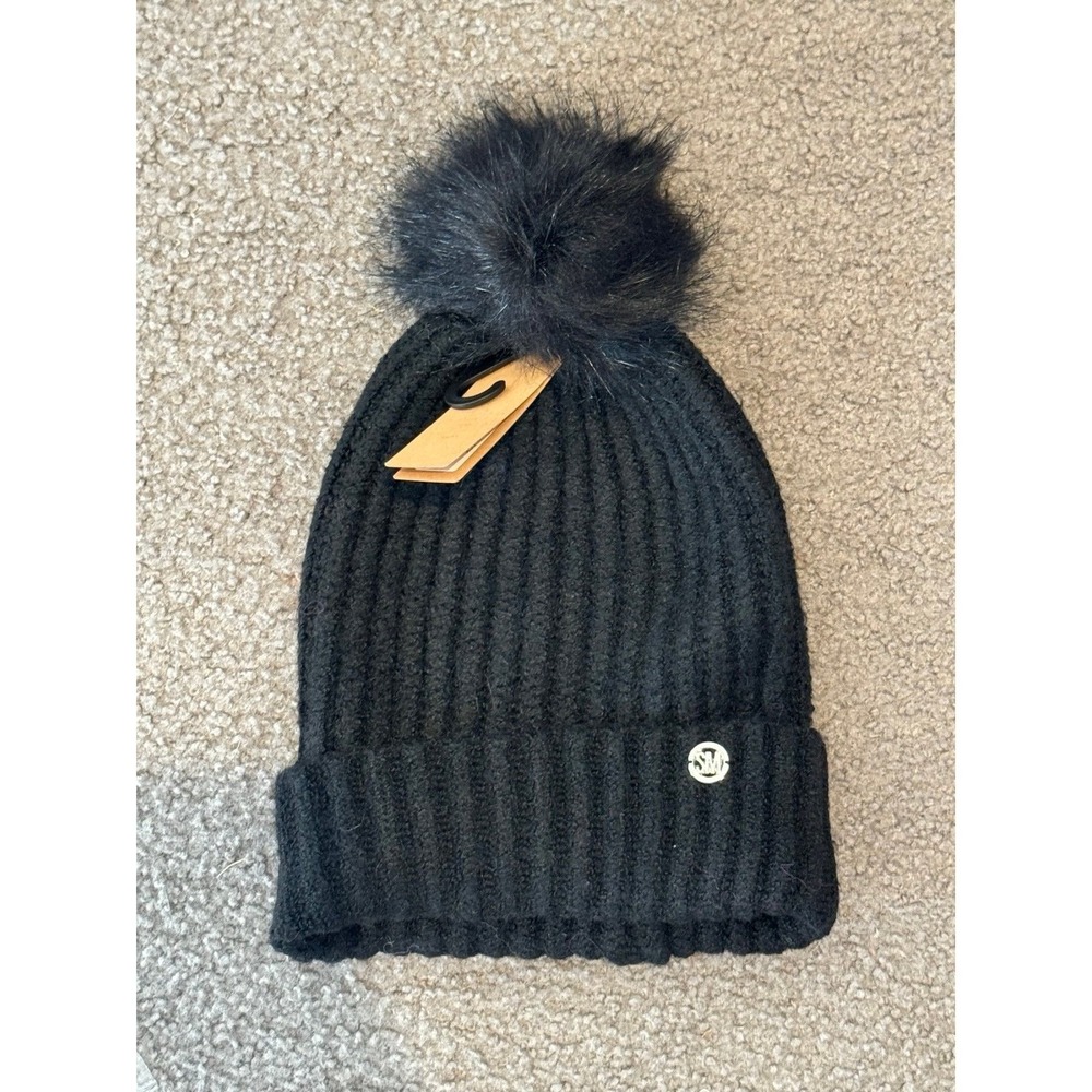 Steve Madden Woman's Cloud Knit Faux Fur Pom Pom Beanie Hat Black One Size